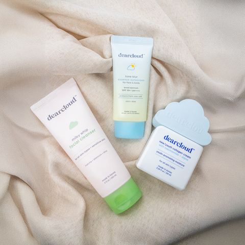 dearcloud skincare Value Set image that includes cleanser, sunscreen, and moisturizer.