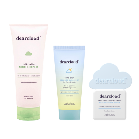 dearcloud skincare Value Set image that includes cleanser, sunscreen, and moisturizer.