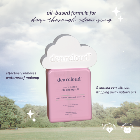 Magenta frosted clear rectangle bottle with white matted cloud-shaped cap. oil-based formula for cleansing makeup.