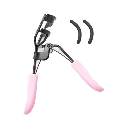 Black eyelash curler with pink handle. Two extra black silicone pads are shown next to the curler.