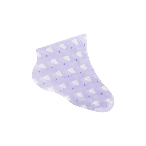 Lavender foot mask with white clouds and purple sparkle pattern.