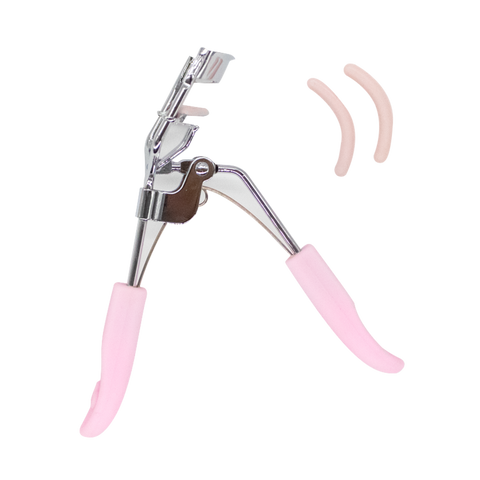 Silver eyelash curler with pink grips and 2 pink replacement pads.