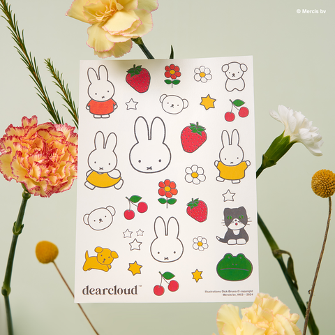 Assorted Miffy character tattoos in Red, Yellow, White, and Green. Characters include Miffy shaped head, dog, frog, cherries, flowers, and more.