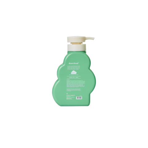 Green, cloud-shaped bottle of dearcloud Daily Repair Body Cream with a white pump dispenser. The label shows the full ingredient list.