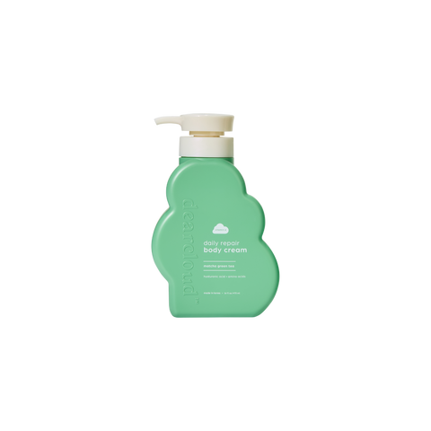 Green, cloud-shaped bottle of dearcloud Daily Repair Body Cream with a white pump dispenser. The label reads "daily repair body cream" and "matcha green tea."