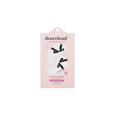 dearcloud Brightening Super Glow Under Eye Patches with Vitamin C and Niacinamide. White under eye patches with black satin bow printed on each.