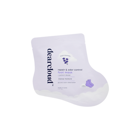 dearcloud Fresh Lavender Repair & Odor Control Foot Mask Packaging. Lavender boot-shaped pouch with white clouds.