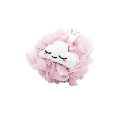 Front of pink colored XL Loofah with a cloud shaped plush attached. 