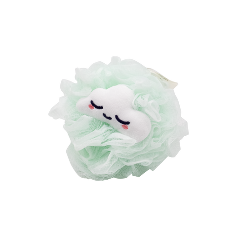 Front of sage colored XL Loofah with a cloud shaped plush attached. 