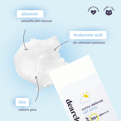 Infographic of sun stick ingredients. Allantoin smooths skin texture. Hyaluronic Acid for ultimate hydration. Cica for a radiant glow. Made in Korea. Cruelty-Free.