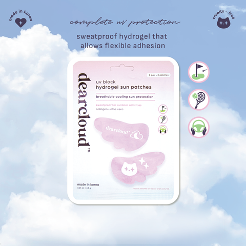 Pink white blue gradient packaging of sun patches floating in blue cloudy sky. Complete UV protection for outdoor activities.